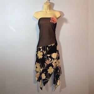 579 vintage Floral Strapless tube Dress Pink floral pin handkerchief hem xs